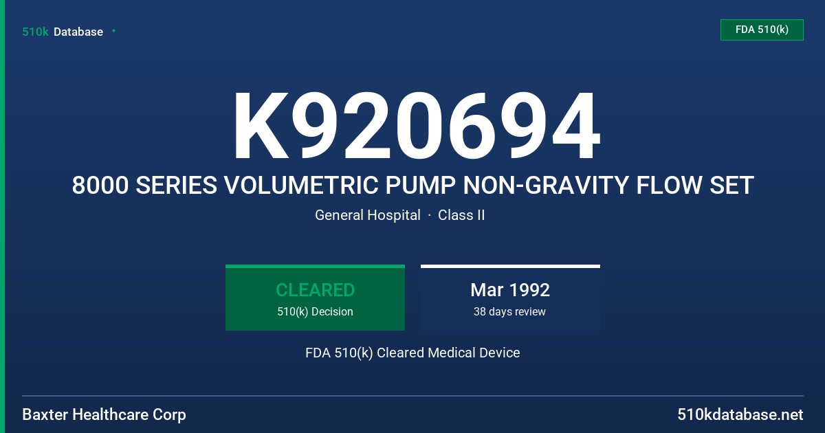 K920694 8000 SERIES VOLUMETRIC PUMP NON-GRAVITY FLOW SET FDA 510(k) Cleared Medical Device
