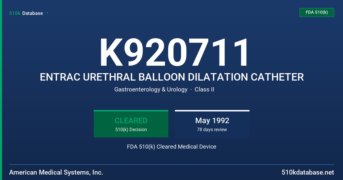 K920711 ENTRAC URETHRAL BALLOON DILATATION CATHETER FDA 510(k) Cleared Medical Device