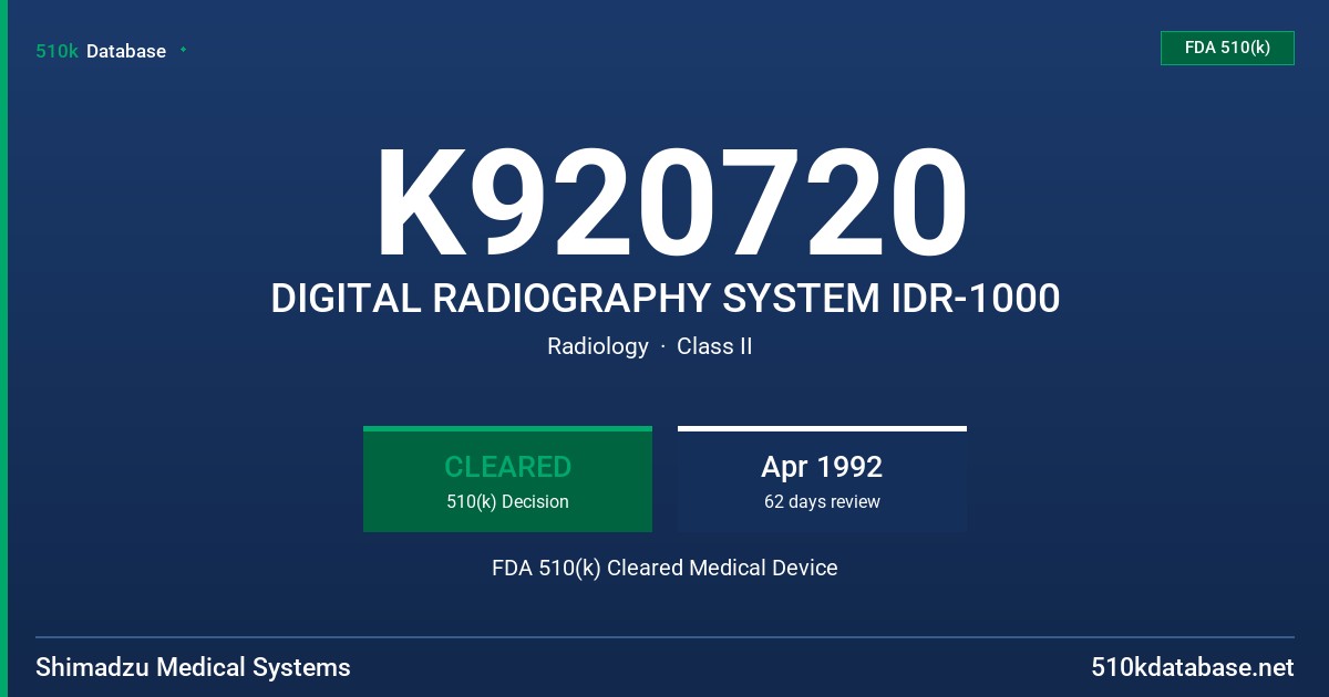 K920720 DIGITAL RADIOGRAPHY SYSTEM IDR-1000 FDA 510(k) Cleared Medical Device