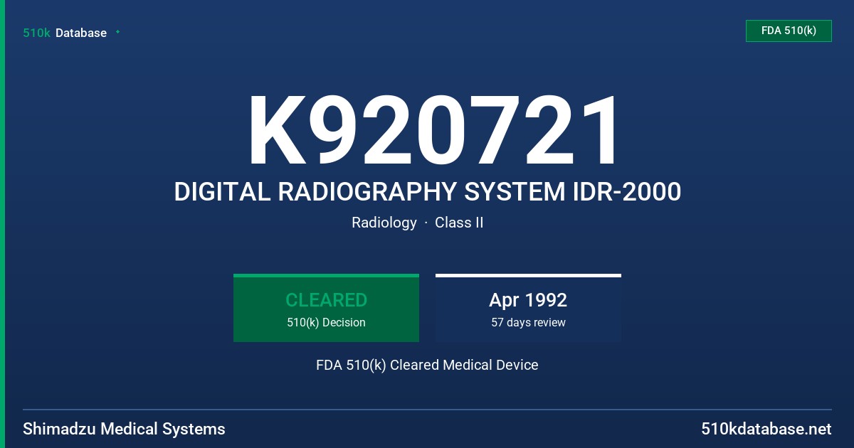 K920721 DIGITAL RADIOGRAPHY SYSTEM IDR-2000 FDA 510(k) Cleared Medical Device