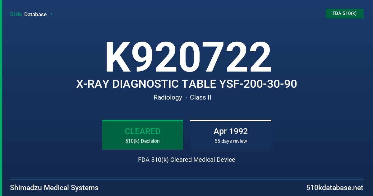K920722 X-RAY DIAGNOSTIC TABLE YSF-200-30-90 FDA 510(k) Cleared Medical Device