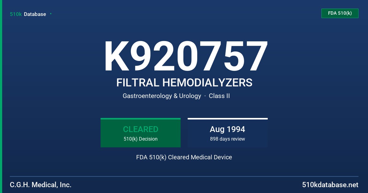K920757 FILTRAL HEMODIALYZERS FDA 510(k) Cleared Medical Device