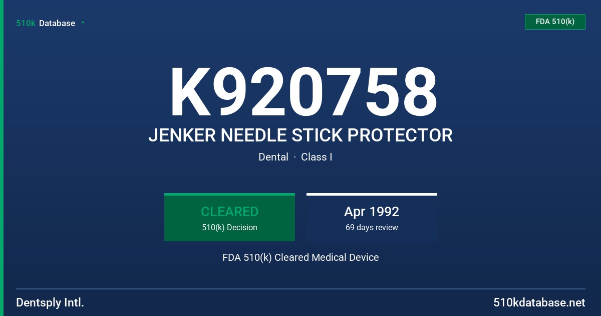 K920758 JENKER NEEDLE STICK PROTECTOR FDA 510(k) Cleared Medical Device