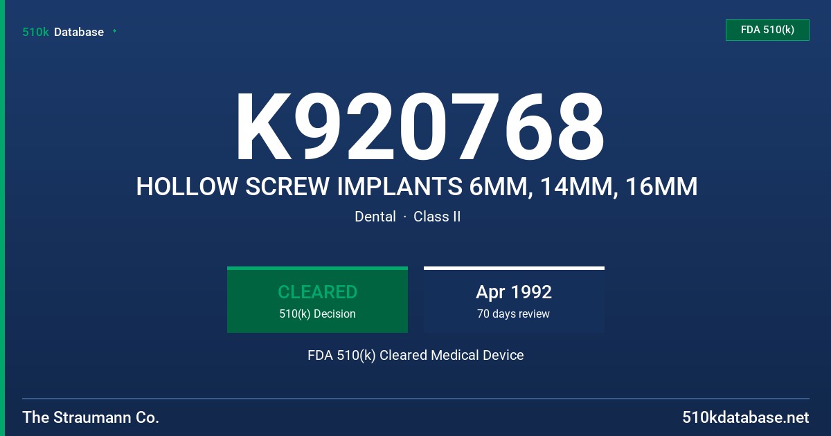 K920768 HOLLOW SCREW IMPLANTS 6MM, 14MM, 16MM FDA 510(k) Cleared Medical Device