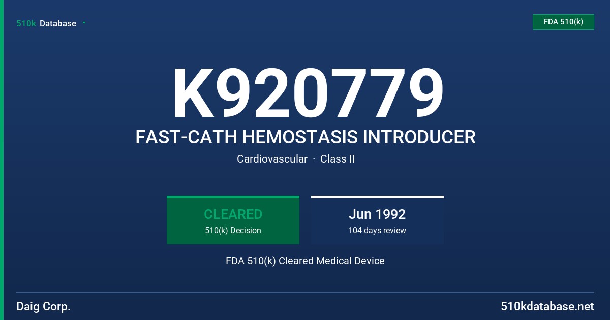K920779 FAST-CATH HEMOSTASIS INTRODUCER FDA 510(k) Cleared Medical Device