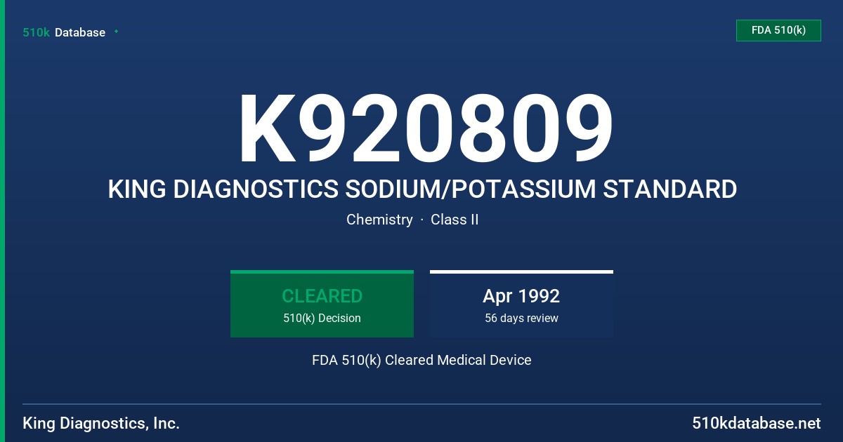 K920809 KING DIAGNOSTICS SODIUM/POTASSIUM STANDARD FDA 510(k) Cleared Medical Device