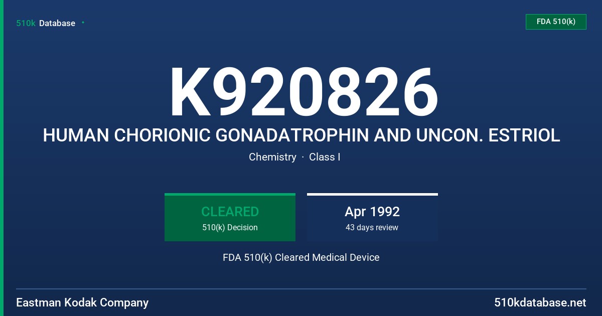 K920826 HUMAN CHORIONIC GONADATROPHIN AND UNCON. ESTRIOL FDA 510(k) Cleared Medical Device