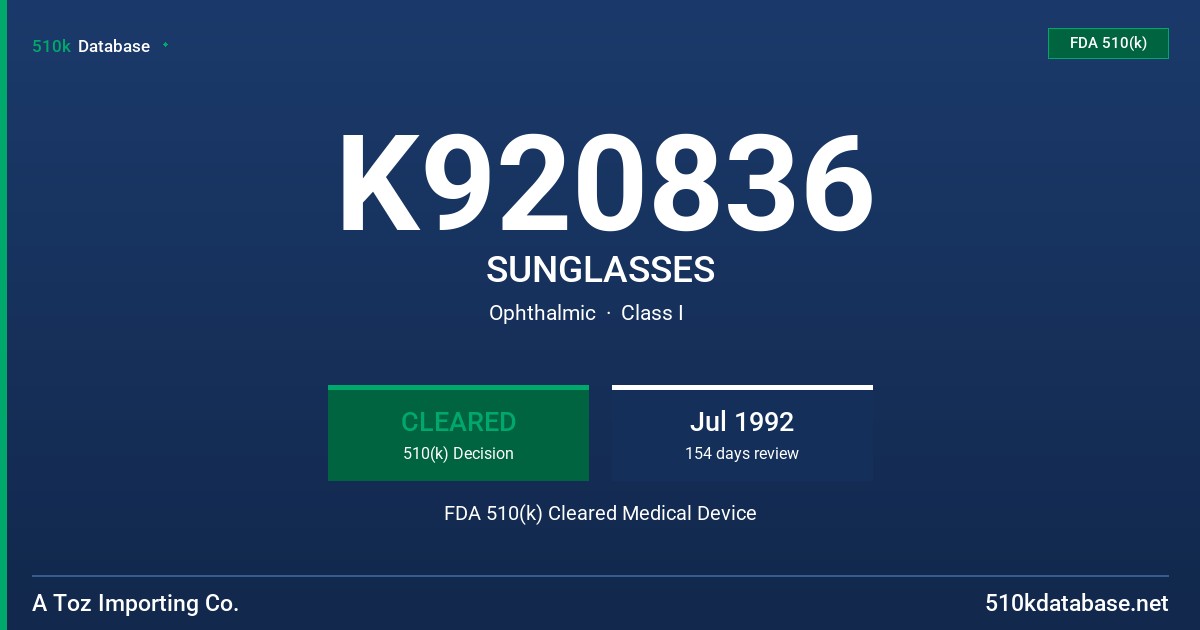 K920836 SUNGLASSES FDA 510(k) Cleared Medical Device