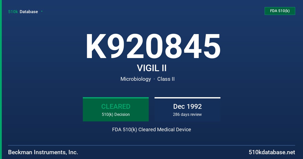 K920845 VIGIL II FDA 510(k) Cleared Medical Device