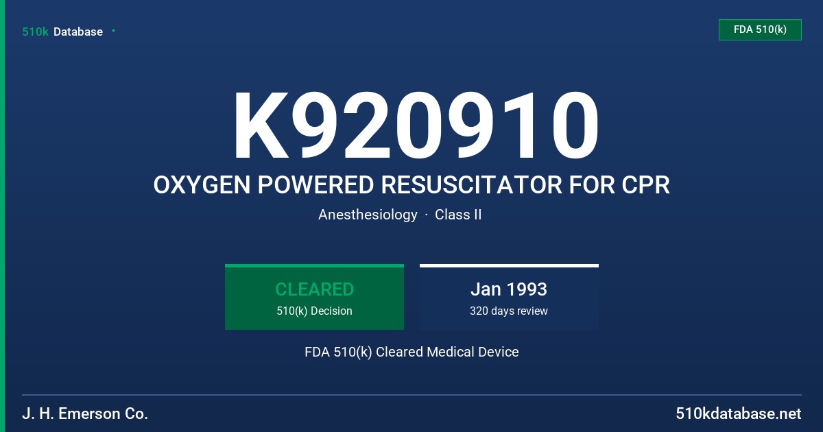 K920910 OXYGEN POWERED RESUSCITATOR FOR CPR FDA 510(k) Cleared Medical Device