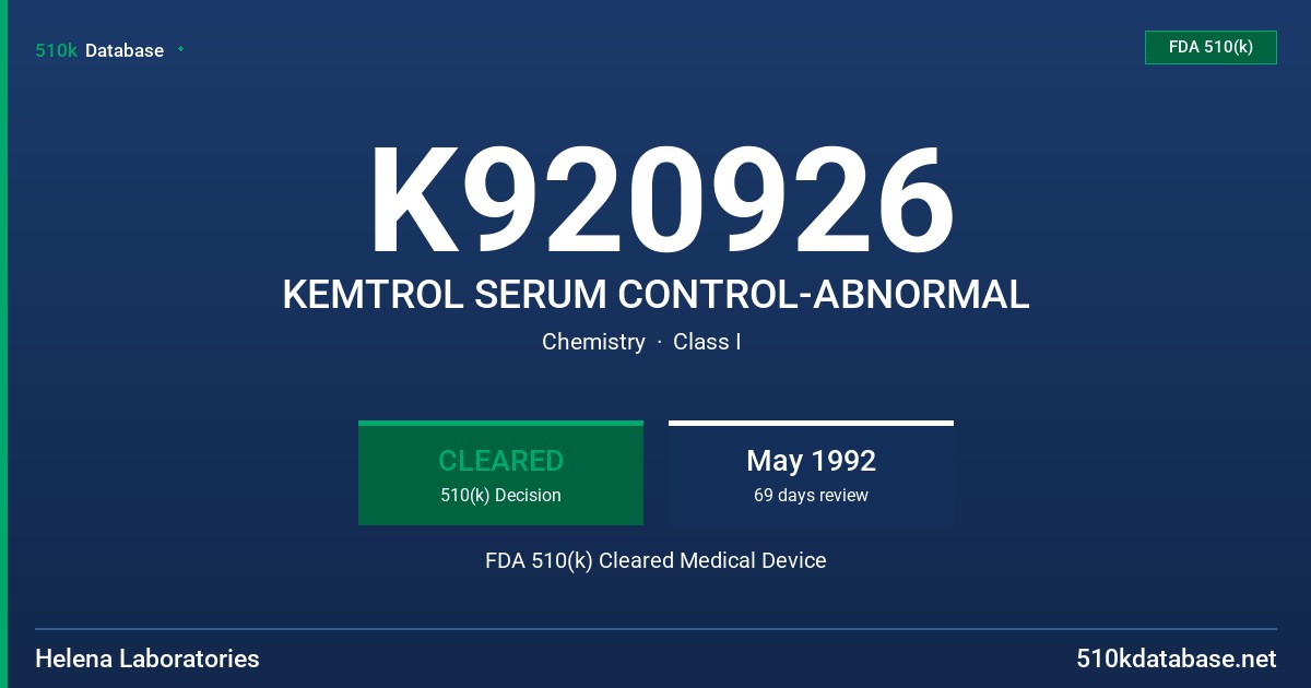 K920926 KEMTROL SERUM CONTROL-ABNORMAL FDA 510(k) Cleared Medical Device