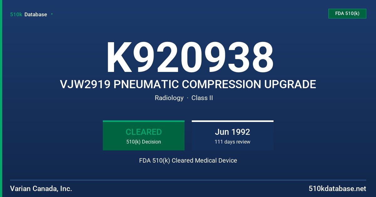 K920938 VJW2919 PNEUMATIC COMPRESSION UPGRADE FDA 510(k) Cleared Medical Device