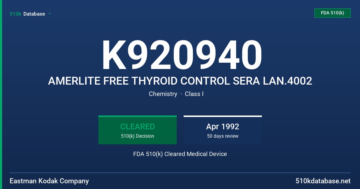 K920940 AMERLITE FREE THYROID CONTROL SERA LAN.4002 FDA 510(k) Cleared Medical Device