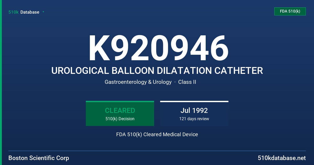 K920946 UROLOGICAL BALLOON DILATATION CATHETER FDA 510(k) Cleared Medical Device