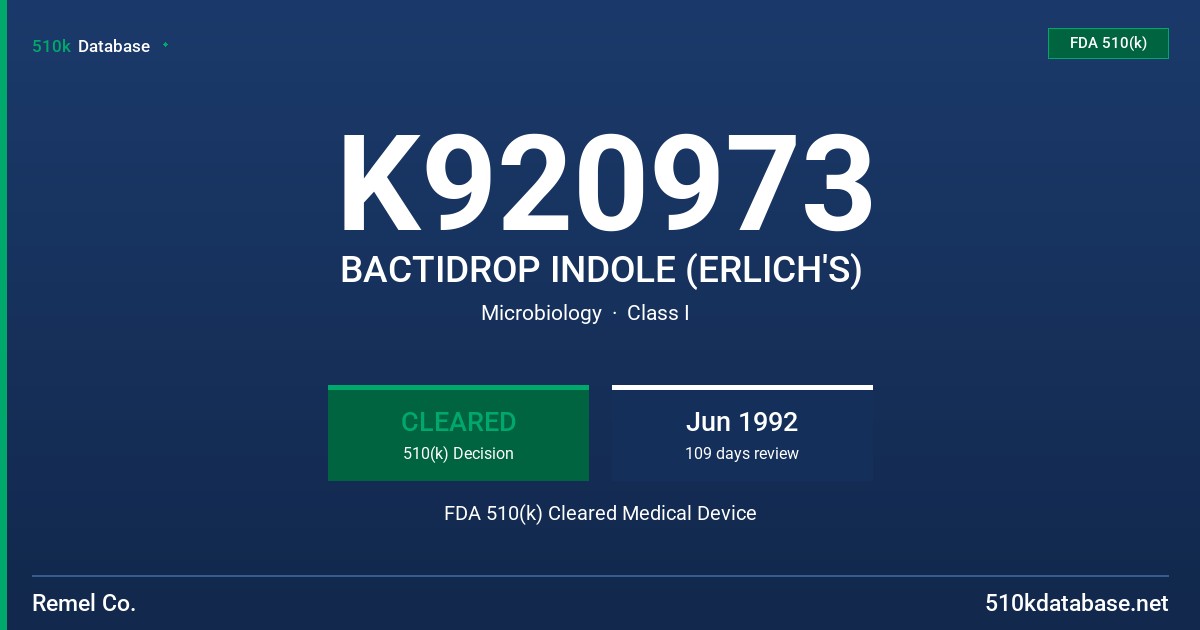 K920973 BACTIDROP INDOLE (ERLICH'S) FDA 510(k) Cleared Medical Device