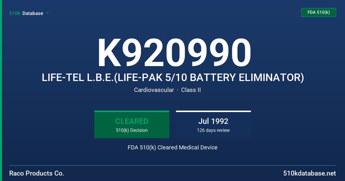 K920990 LIFE-TEL L.B.E.(LIFE-PAK 5/10 BATTERY ELIMINATOR) FDA 510(k) Cleared Medical Device