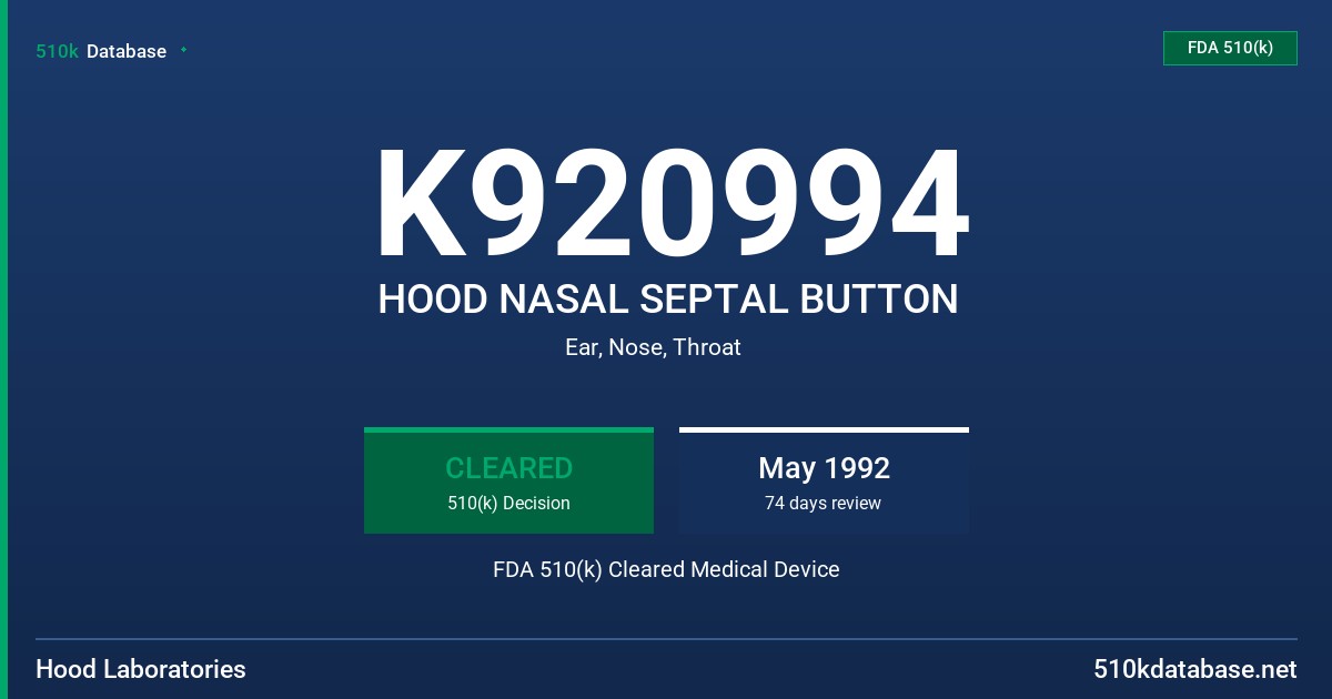 K920994 HOOD NASAL SEPTAL BUTTON FDA 510(k) Cleared Medical Device