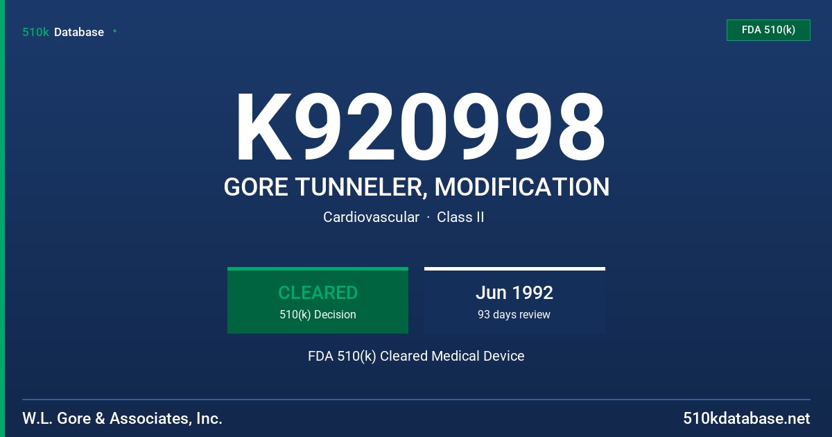 K920998 GORE TUNNELER, MODIFICATION FDA 510(k) Cleared Medical Device