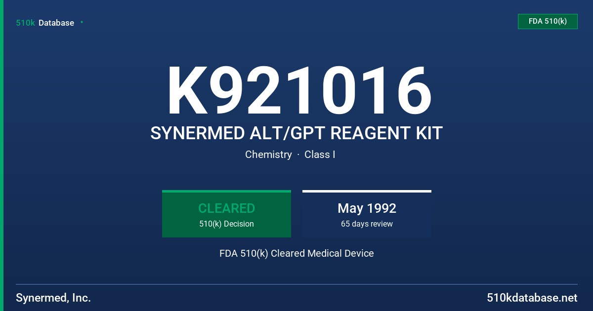K921016 SYNERMED ALT/GPT REAGENT KIT FDA 510(k) Cleared Medical Device