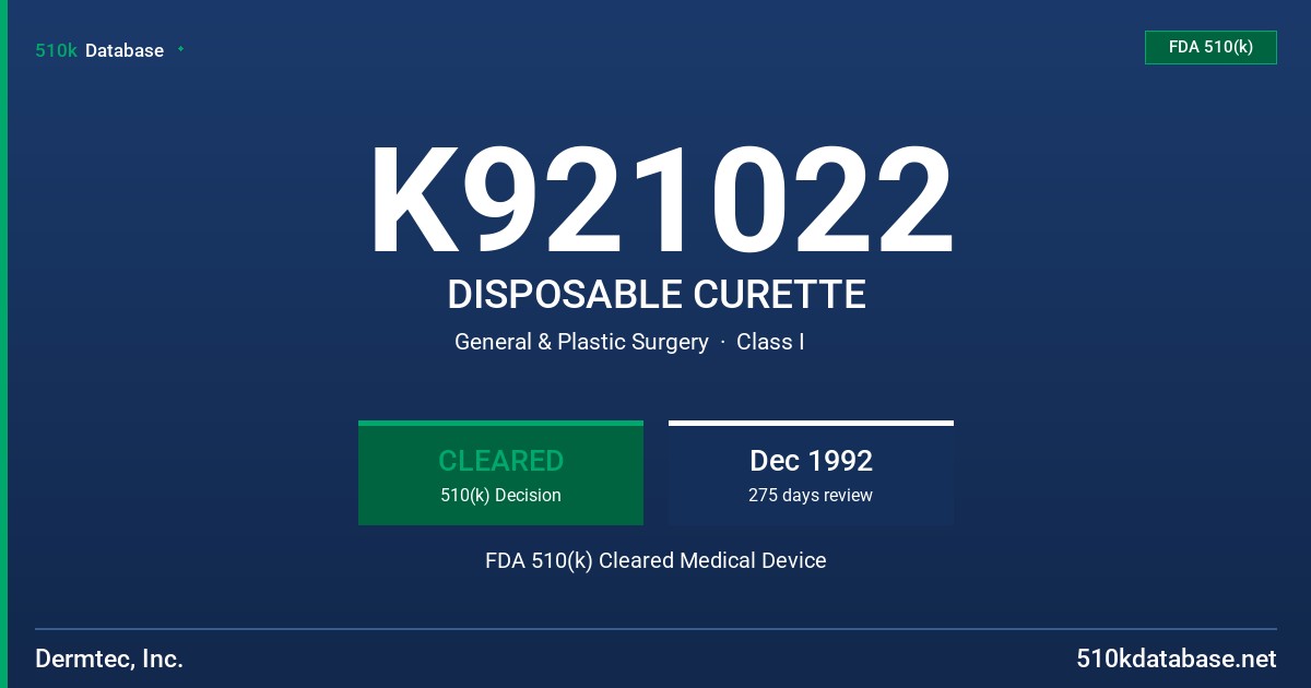 K921022 DISPOSABLE CURETTE FDA 510(k) Cleared Medical Device