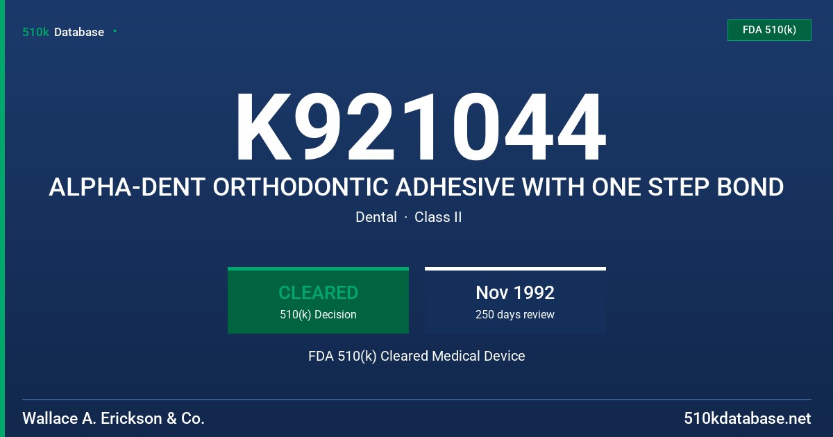 K921044 ALPHA-DENT ORTHODONTIC ADHESIVE WITH ONE STEP BOND FDA 510(k) Cleared Medical Device