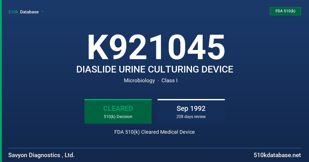 K921045 DIASLIDE URINE CULTURING DEVICE FDA 510(k) Cleared Medical Device