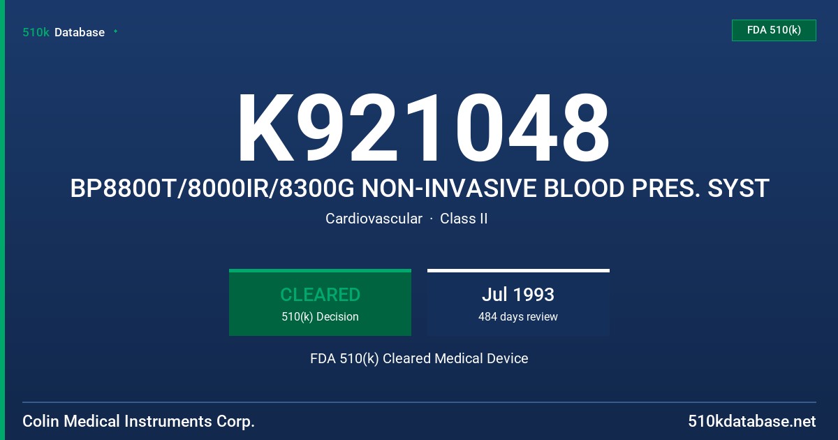 K921048 BP8800T/8000IR/8300G NON-INVASIVE BLOOD PRES. SYST FDA 510(k) Cleared Medical Device
