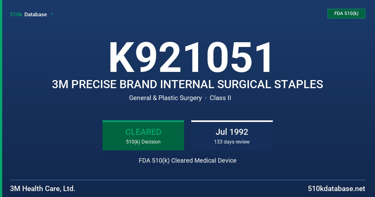 K921051 3M PRECISE BRAND INTERNAL SURGICAL STAPLES FDA 510(k) Cleared Medical Device