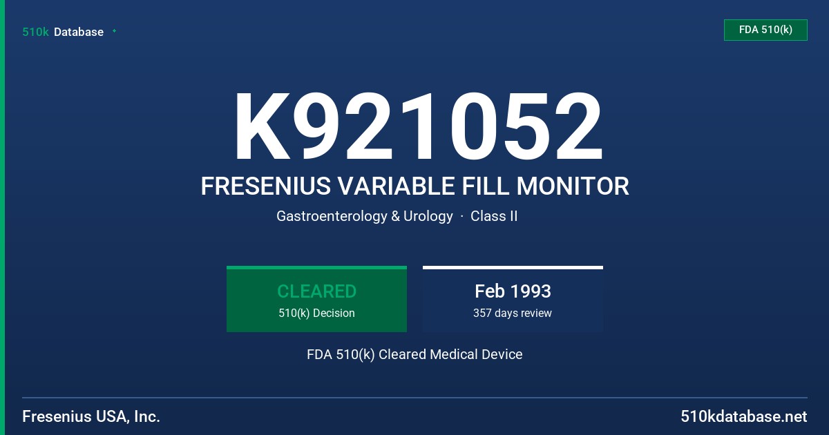 K921052 FRESENIUS VARIABLE FILL MONITOR FDA 510(k) Cleared Medical Device