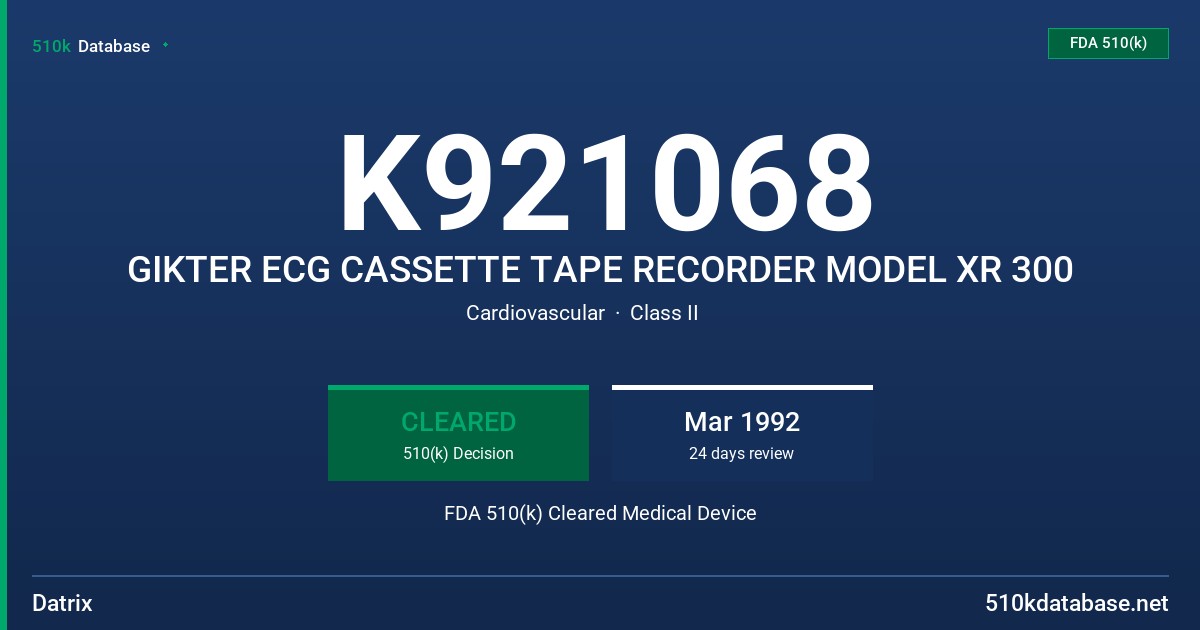 K921068 GIKTER ECG CASSETTE TAPE RECORDER MODEL XR 300 FDA 510(k) Cleared Medical Device