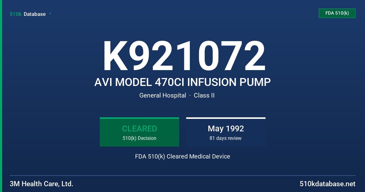 K921072 AVI MODEL 470CI INFUSION PUMP FDA 510(k) Cleared Medical Device