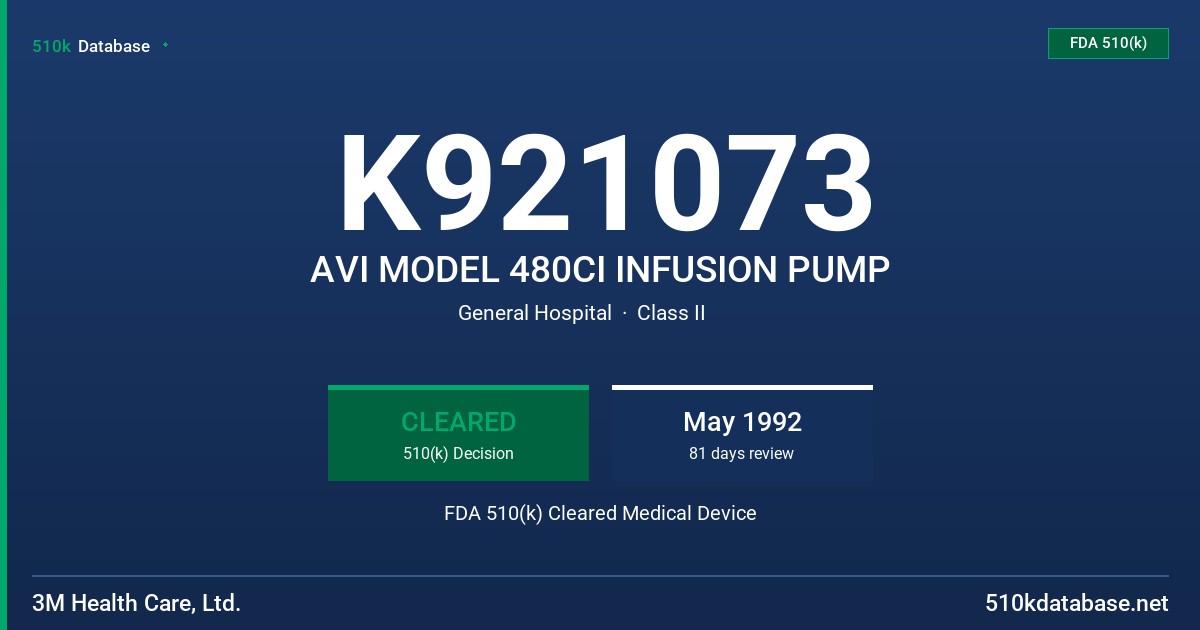 K921073 AVI MODEL 480CI INFUSION PUMP FDA 510(k) Cleared Medical Device
