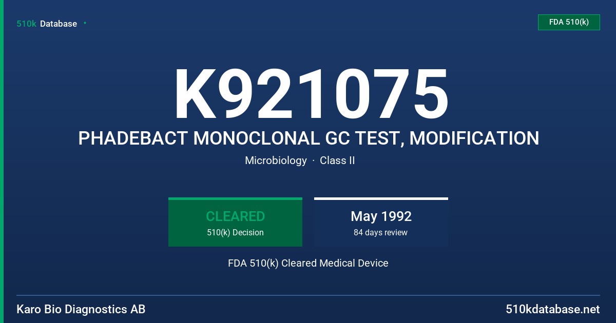 K921075 PHADEBACT MONOCLONAL GC TEST, MODIFICATION FDA 510(k) Cleared Medical Device
