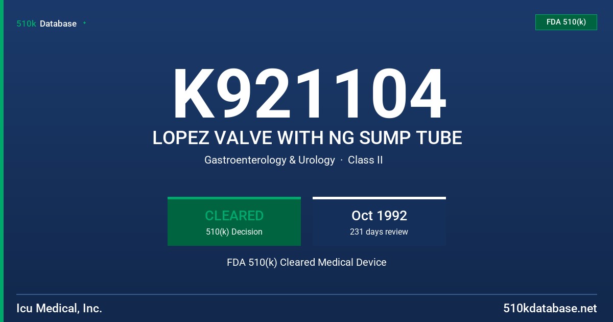 K921104 LOPEZ VALVE WITH NG SUMP TUBE FDA 510(k) Cleared Medical Device