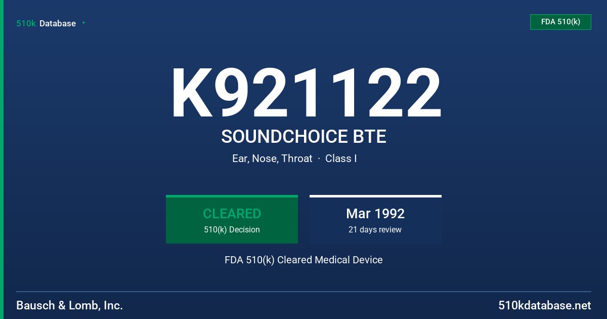 K921122 SOUNDCHOICE BTE FDA 510(k) Cleared Medical Device