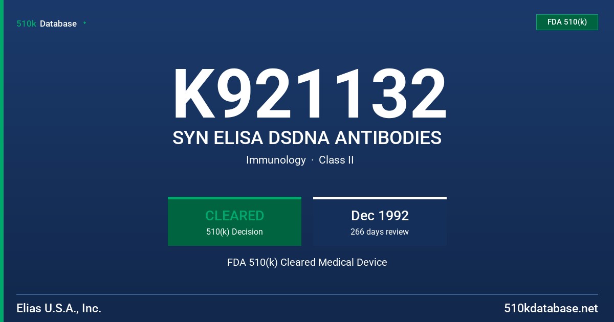 K921132 SYN ELISA DSDNA ANTIBODIES FDA 510(k) Cleared Medical Device