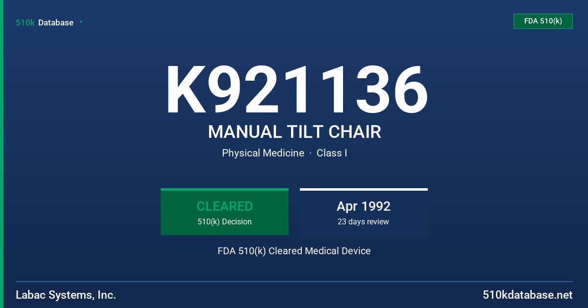 K921136 MANUAL TILT CHAIR FDA 510(k) Cleared Medical Device