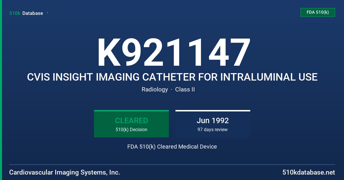 K921147 CVIS INSIGHT IMAGING CATHETER FOR INTRALUMINAL USE FDA 510(k) Cleared Medical Device