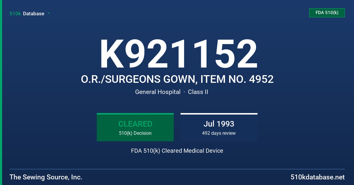 K921152 O.R./SURGEONS GOWN, ITEM NO. 4952 FDA 510(k) Cleared Medical Device