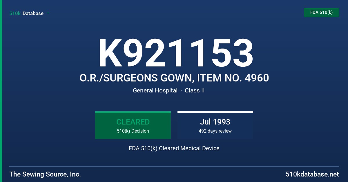 K921153 O.R./SURGEONS GOWN, ITEM NO. 4960 FDA 510(k) Cleared Medical Device