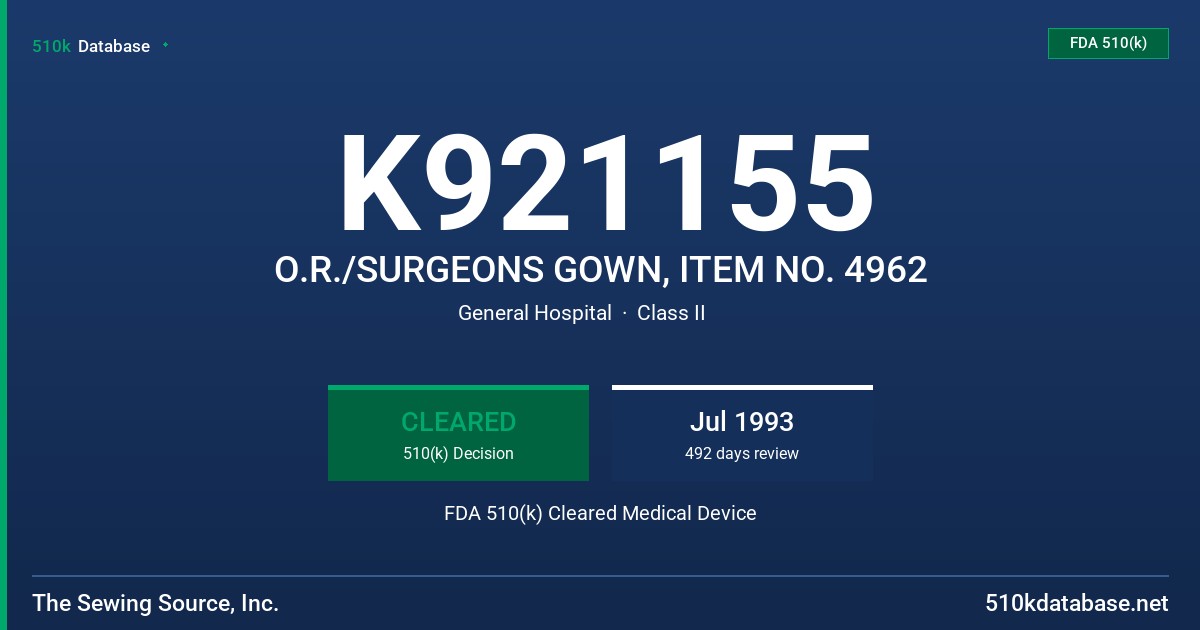 K921155 O.R./SURGEONS GOWN, ITEM NO. 4962 FDA 510(k) Cleared Medical Device