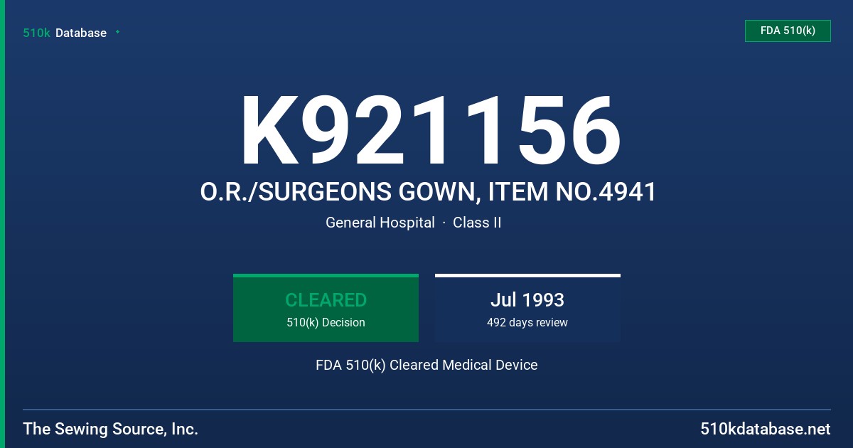 K921156 O.R./SURGEONS GOWN, ITEM NO.4941 FDA 510(k) Cleared Medical Device