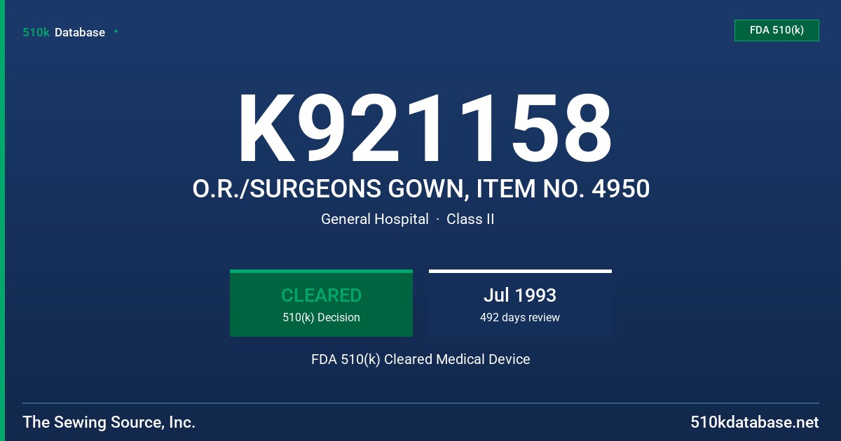 K921158 O.R./SURGEONS GOWN, ITEM NO. 4950 FDA 510(k) Cleared Medical Device