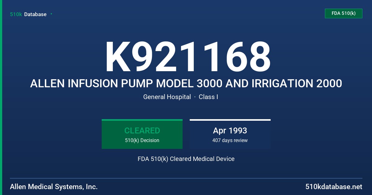 K921168 ALLEN INFUSION PUMP MODEL 3000 AND IRRIGATION 2000 FDA 510(k) Cleared Medical Device