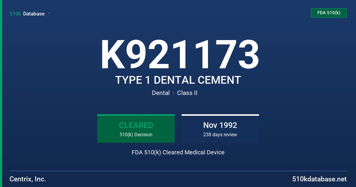 K921173 TYPE 1 DENTAL CEMENT FDA 510(k) Cleared Medical Device