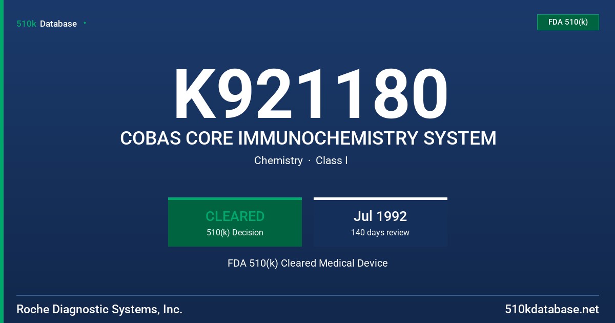 K921180 COBAS CORE IMMUNOCHEMISTRY SYSTEM FDA 510(k) Cleared Medical Device