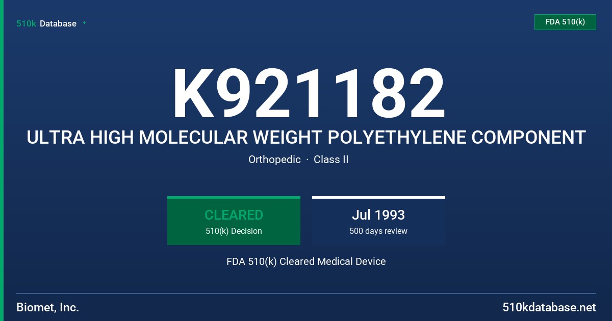 K921182 ULTRA HIGH MOLECULAR WEIGHT POLYETHYLENE COMPONENT FDA 510(k) Cleared Medical Device