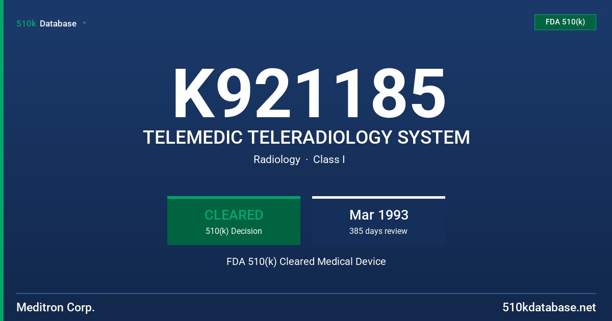 K921185 TELEMEDIC TELERADIOLOGY SYSTEM FDA 510(k) Cleared Medical Device
