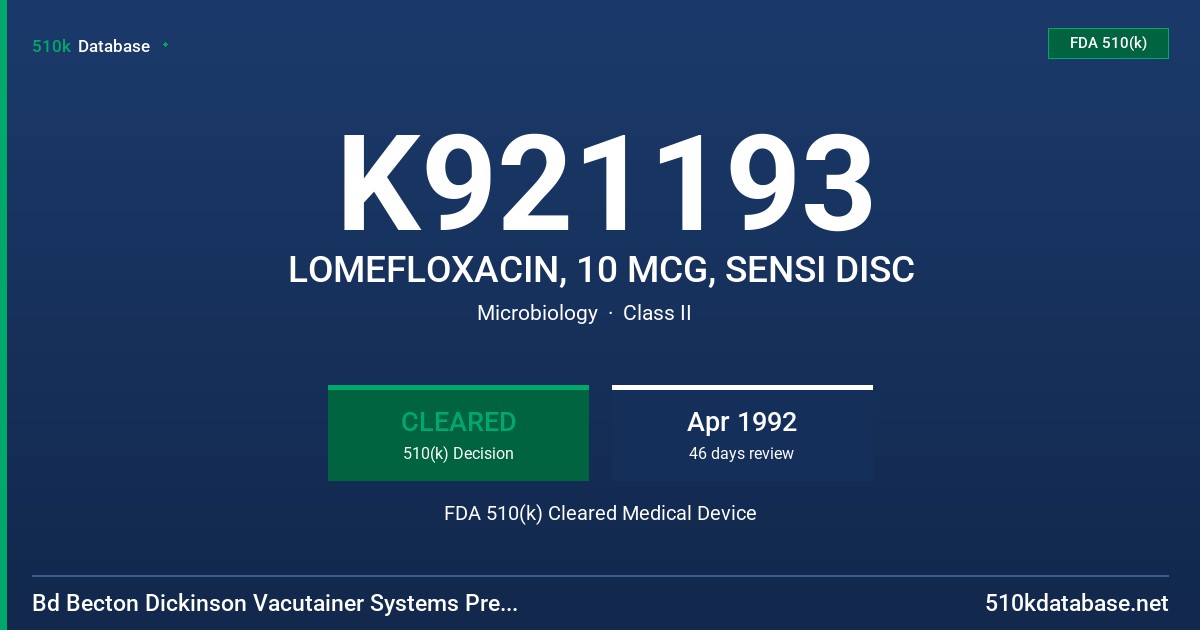 K921193 LOMEFLOXACIN, 10 MCG, SENSI DISC FDA 510(k) Cleared Medical Device