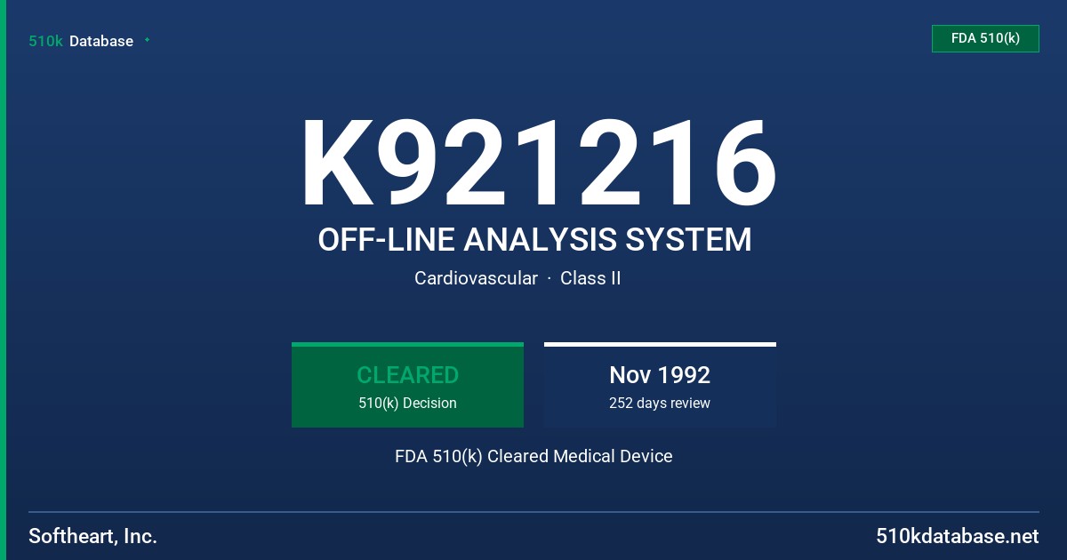 K921216 OFF-LINE ANALYSIS SYSTEM FDA 510(k) Cleared Medical Device